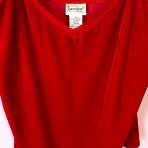 Red velvet-like Pajamagram pajamas. 92% polyester and 8% spandex